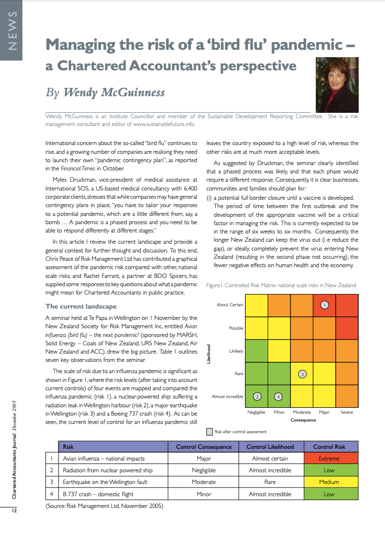 Managing the risk of a 'bird flu' pandemic – a Chartered Accountant's perspective