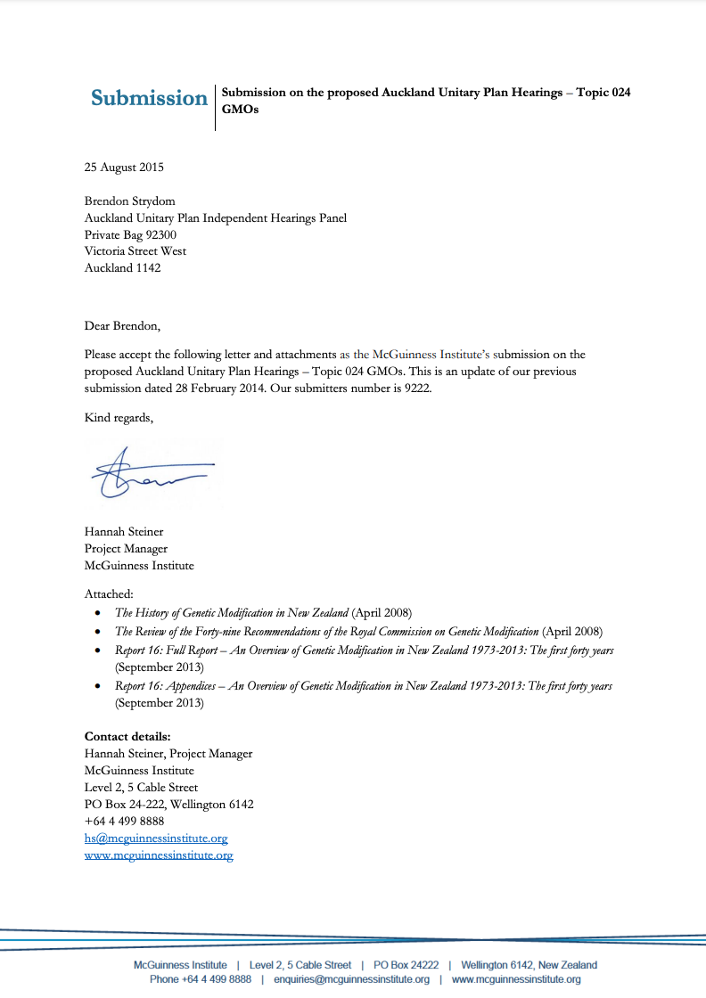 Submission 2015/06 – Proposed Auckland Unitary Plan Hearings – Topic 024 GMOs