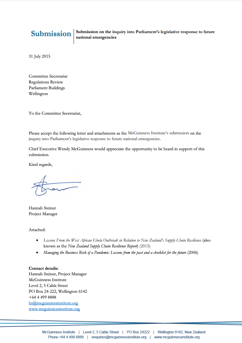 Submission 2015/04 – Inquiry into Parliament’s legislative response to future national emergencies