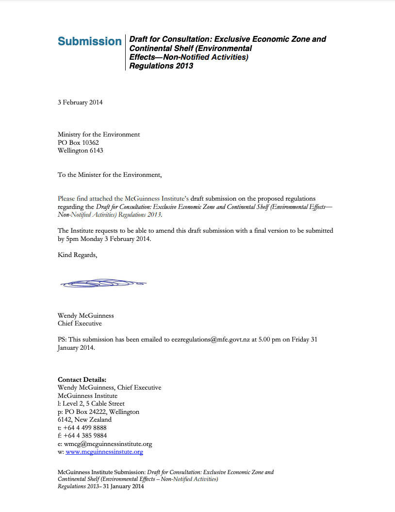 Submission 2014/01– Draft for Consultation: Exclusive Economic Zone and Continental Shelf (Environmental Effects – Non-Notified Activities) Regulations 2013