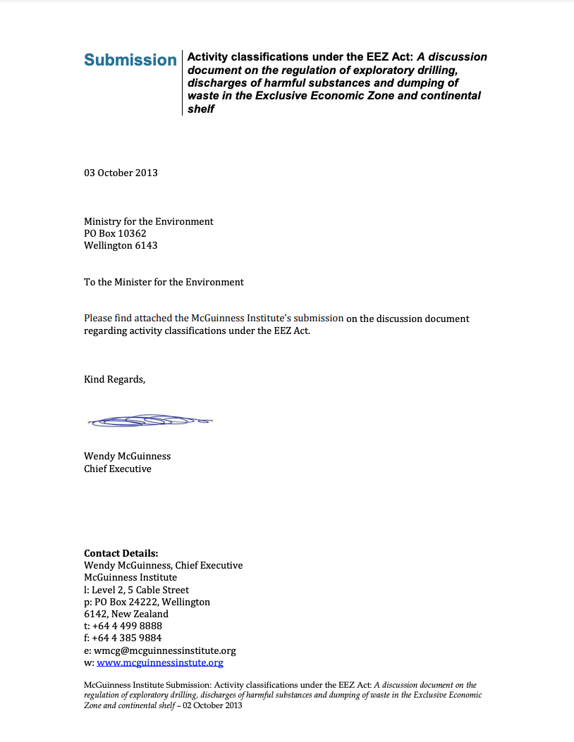 Submission 2013/05 – Activity classifications under the EEZ Act: A discussion document on the regulation of exploratory drilling, discharges of harmful substances and dumping of waste in the Exclusive Economic Zone and continental shelf