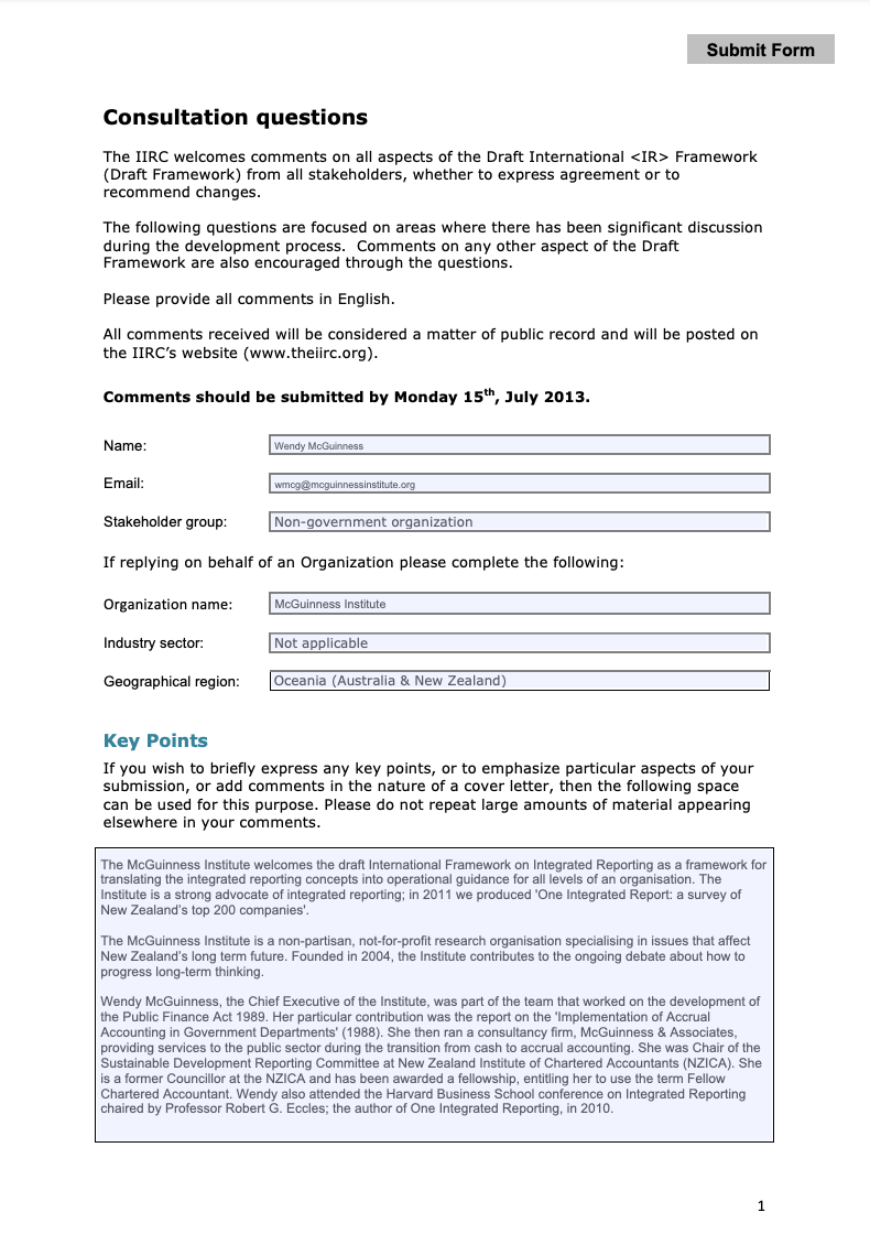 Submission 2013/04 – Response to consultation questions on the International Integrated Reporting Councils' (IIRC) Consultation Draft International Framework