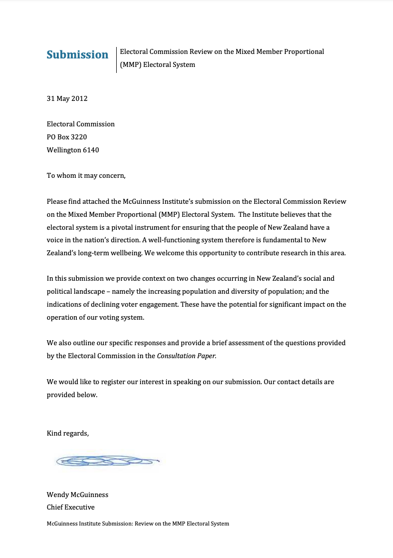 Submission 2012/04 – Electoral Commission Review on the Mixed Member Proportional (MMP) Electoral System