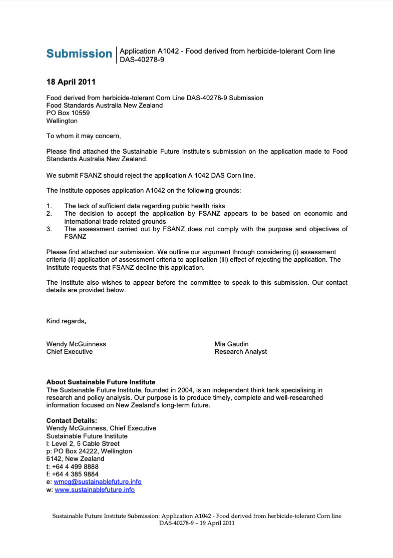 Submission 2011/01 – Application A1042: Food derived from herbicide-tolerant Corn line DAS-40278-9