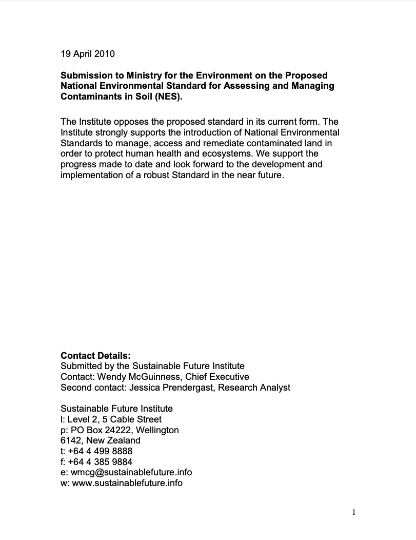 Submission 2010/01 – Proposed National Environmental Standard for Assessing and Managing Contaminants in Soil (NES)