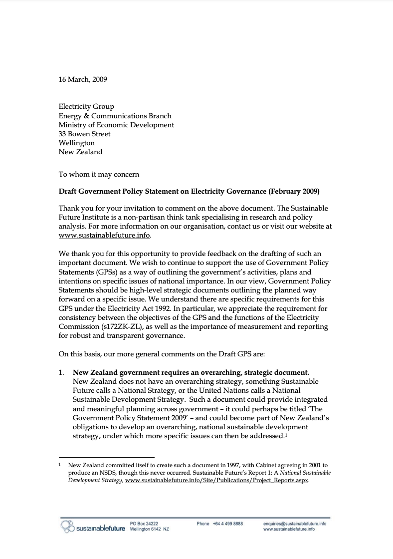 Submission 2009/01 – Draft Government Policy Statement on Electricity Governance (February 2009)