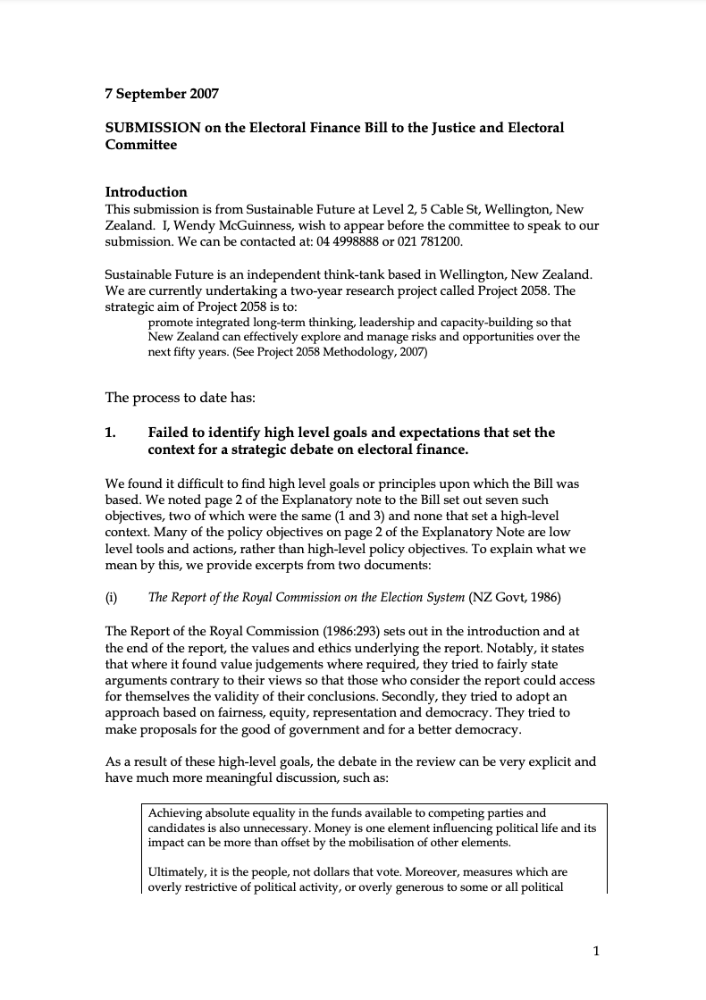 Submission 2007/03 – Electoral Finance Bill to the Justice and Electoral Committee