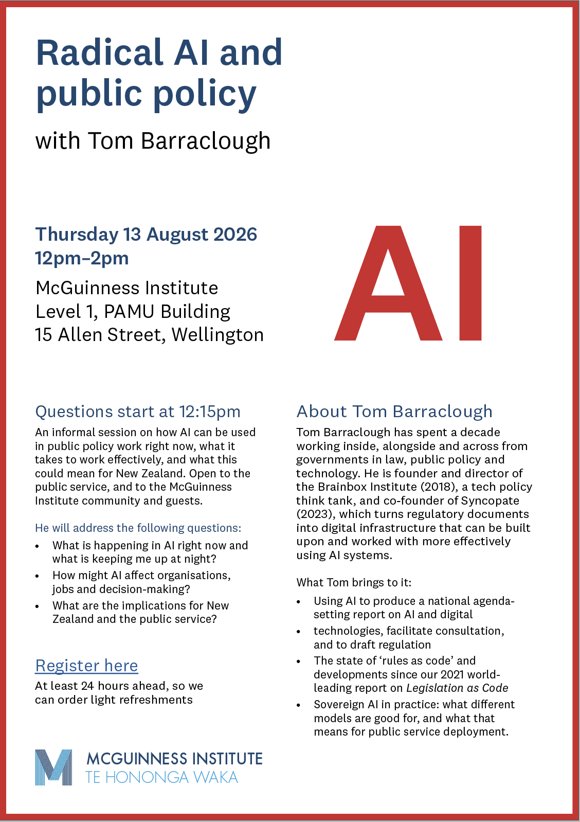 Flyer for Tom Barraclough Q&A on radical AI and public policy
